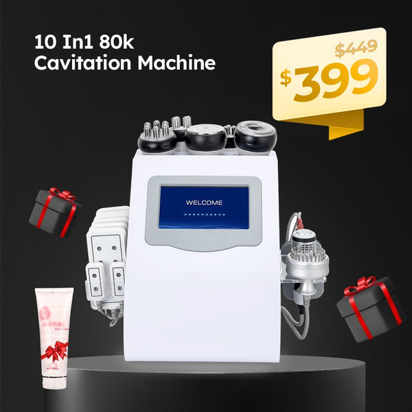 10 In1 80k Cavitation Machine with price tag and gift icons on a black background