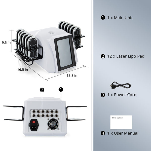 Laser lipo machine with dimensions and included items listed on a gray background