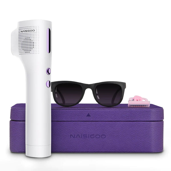 NAISIGOO IPL Laser Hair Removal Device with accessories including foldable protective goggles, razor, and power cord. The device and its accessories are displayed on a purple surface.