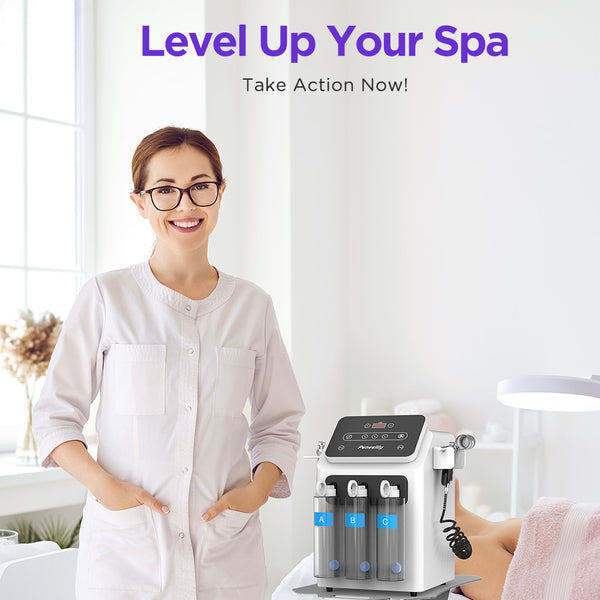 Woman in a white coat standing next to a skincare machine with text 'Level Up Your Spa' on a blurred indoor background.