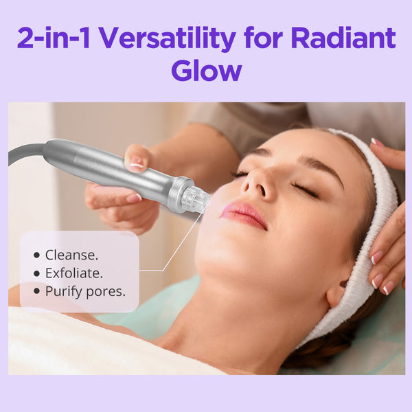 Woman receiving a facial treatment with a device labeled '2-in-1 Versatility for Radiant Glow'.