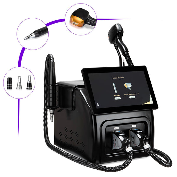 Black tattoo machine with digital display and attachments on a white background