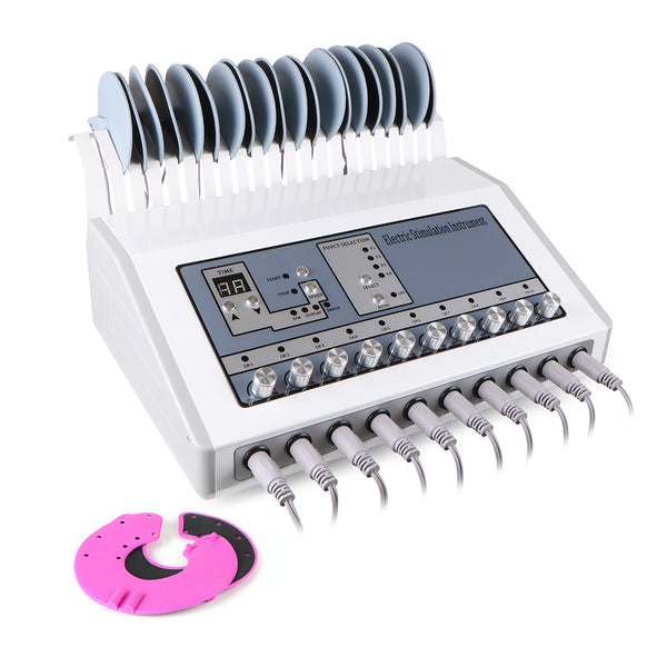 A professional electro stimulation machine for body slimming and breast tightening, with a digital display, multiple buttons, and attached electrode pads.