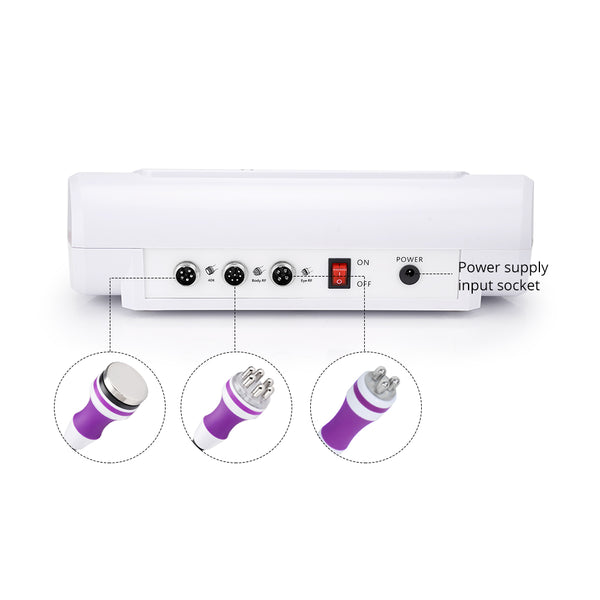 White electronic device with purple attachments on a white background
