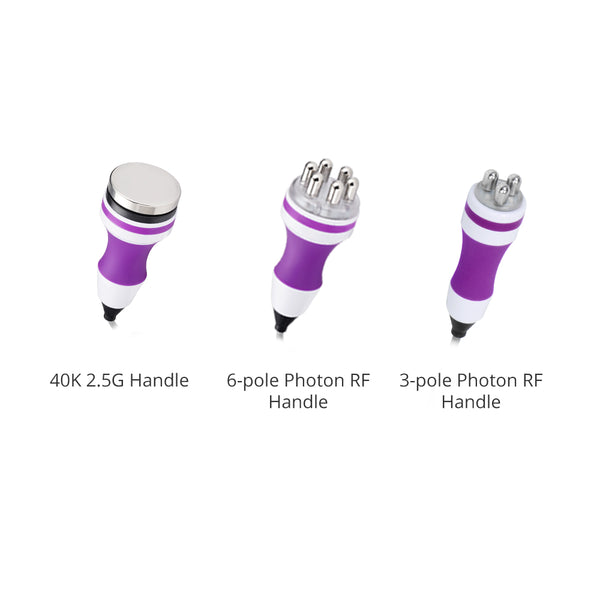 Three purple and white handles labeled '40K 2.5G Handle', '6-pole Photon RF Handle', and '3-pole Photon RF Handle' on a white background.