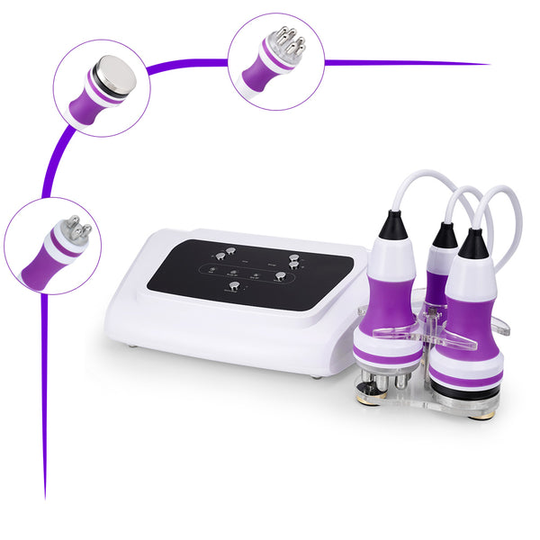 White electronic device with purple attachments on a white background