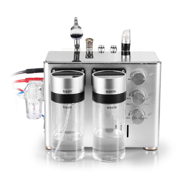 A professional 3-in-1 hydro microdermabrasion machine with handles and settings, primarily in silver and black color.