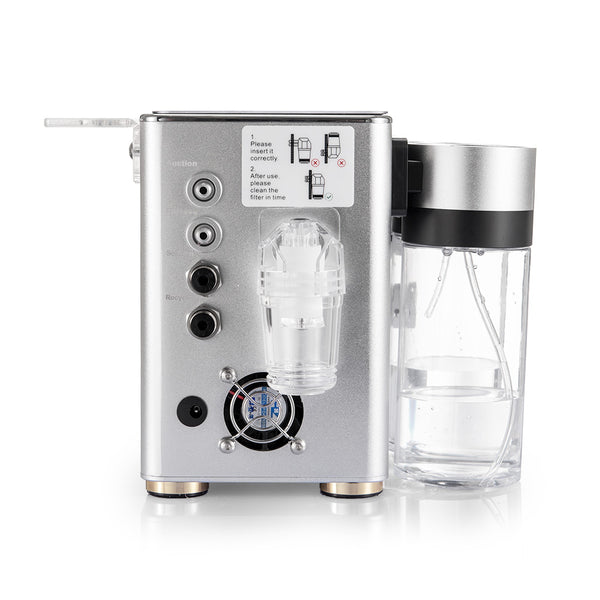 the side view of a 3-in-1 hydro microdermabrasion machine that has a metal body