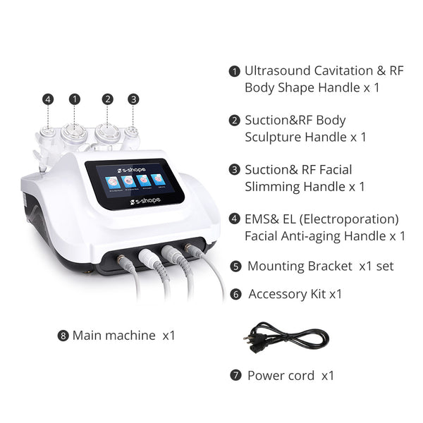 Package contents of 30K S Shape machine including main unit, 4 handles, power cord and holder