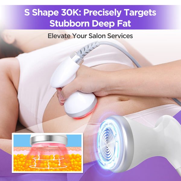 A close-up of a person using 30K S Shape Cavitation Machine on their stomach, with a purple text banner at the top and a small inset diagram showing the target layer in the skin.