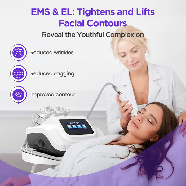 Facial contouring treatment scene showing a woman receiving EMS & EL treatment while another woman in a white lab coat operates the 30K S Shape Cavitation Machine. The treatment machine is white and black with a digital screen, set against a clean light background with promotional text and icons.