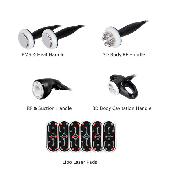 Collection of EMS handles and Lipo Laser Pads on a white background