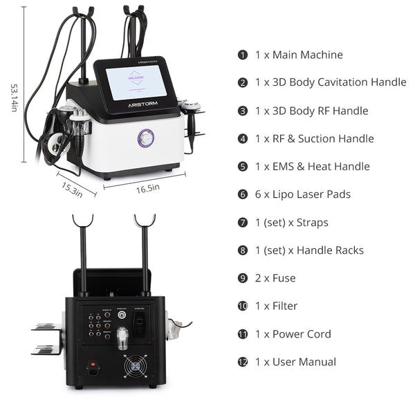 Aristorm machine with its components listed on a white background