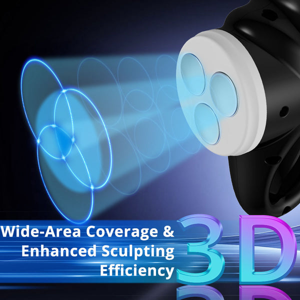 Lighting device with blue light beams and text about wide-area coverage and enhanced sculpting efficiency.
