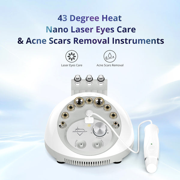Nano laser eyes care and acne scars removal instrument with text on a light blue background
