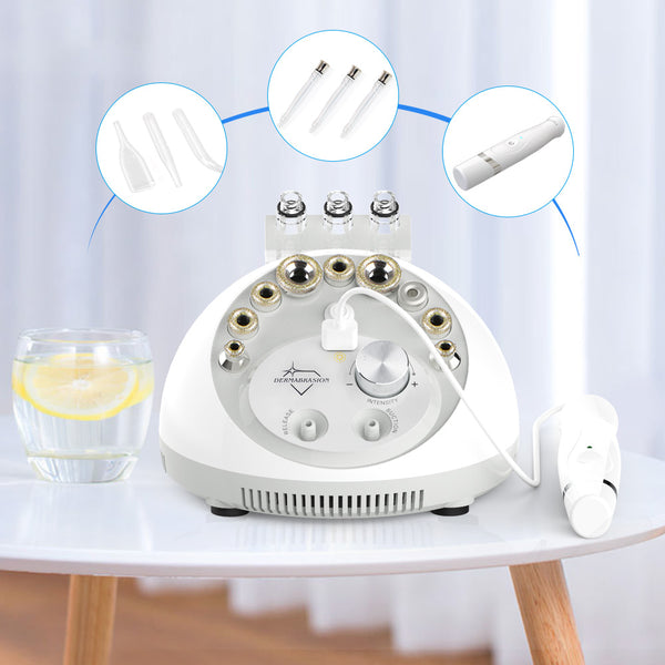 White electronic device on a table with a glass of water and lemon slice, surrounded by close-up insets of components.