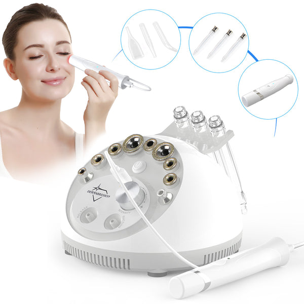 Facial rejuvenation device with close-up details and a woman using it.