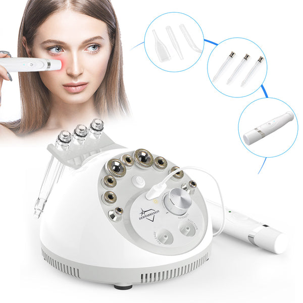 Beauty device with attachments and a woman using it on her face.