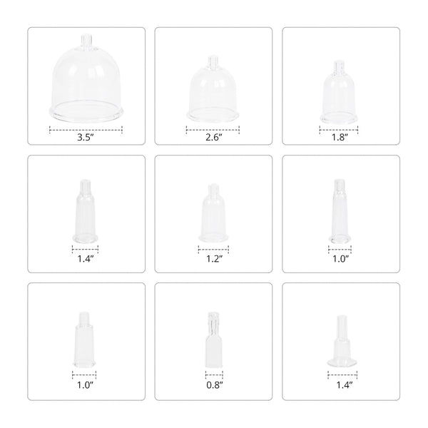 Set of white plastic bottles with measurements on a white background