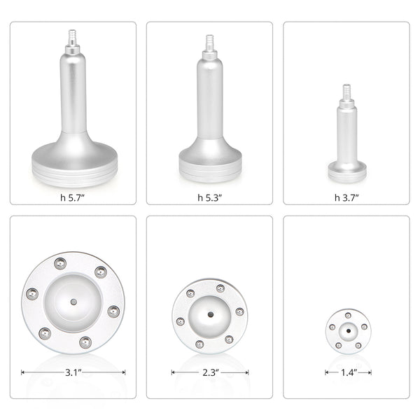 Measurement chart of various sizes and shapes of metallic components on a white background