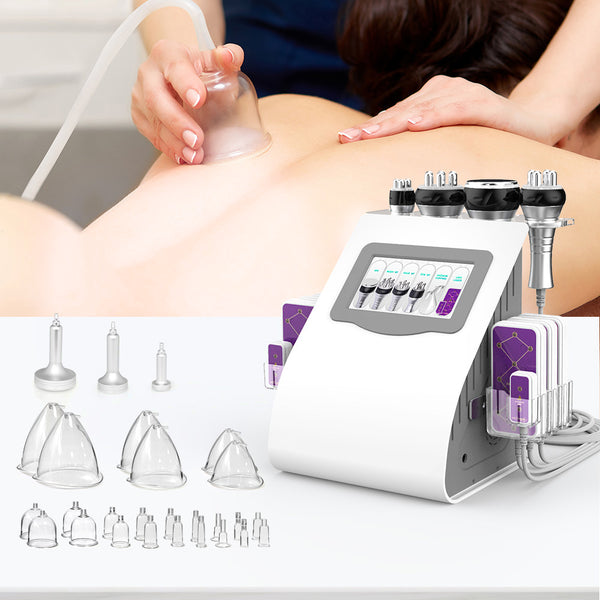 Person receiving a cosmetic treatment using a machine with various attachments on a table.