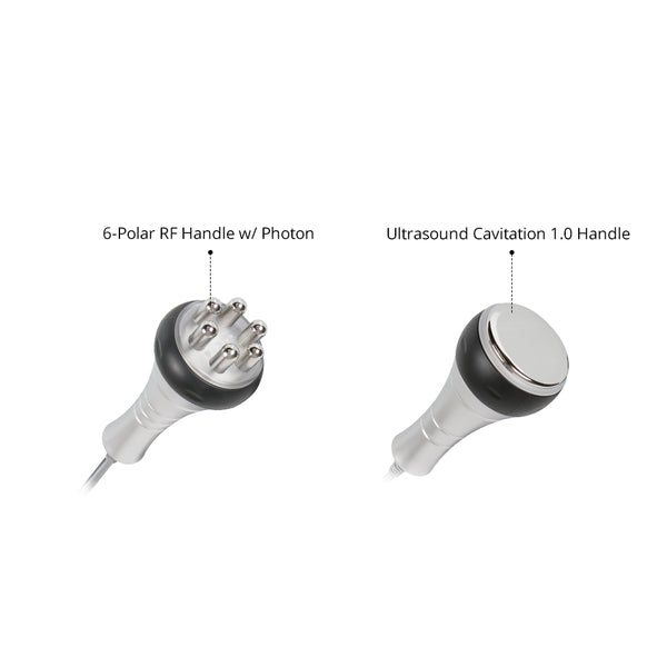 Two medical device handles labeled '6-Polar RF Handle w/ Photon' and 'Ultrasound Cavitation 1.0 Handle' on a white background.