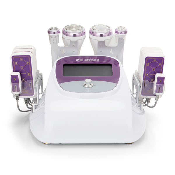 White and purple electronic device with multiple attachments on a white background