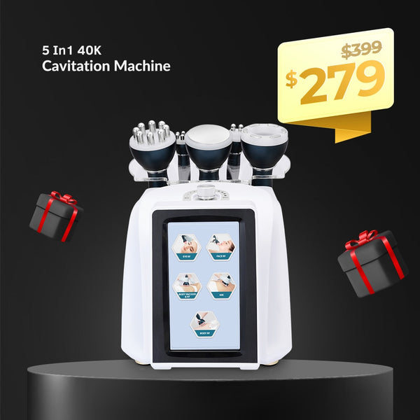 5 In 1 40K Cavitation Machine with digital display on a black background, promotional pricing displayed.