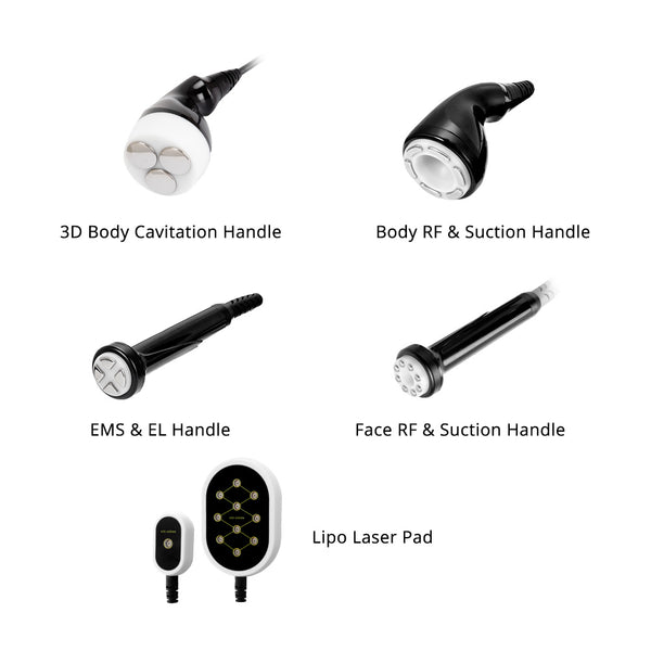Set of medical or cosmetic device handles with labels on a white background