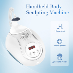 Handheld body sculpting machine with digital display on a light blue background