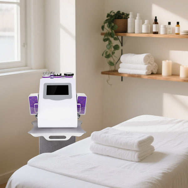 40k cavitation machine on a table with towels and candles in a spa-like setting