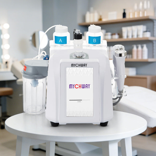 MYCHWAY skincare machine on a table with shelves in the background