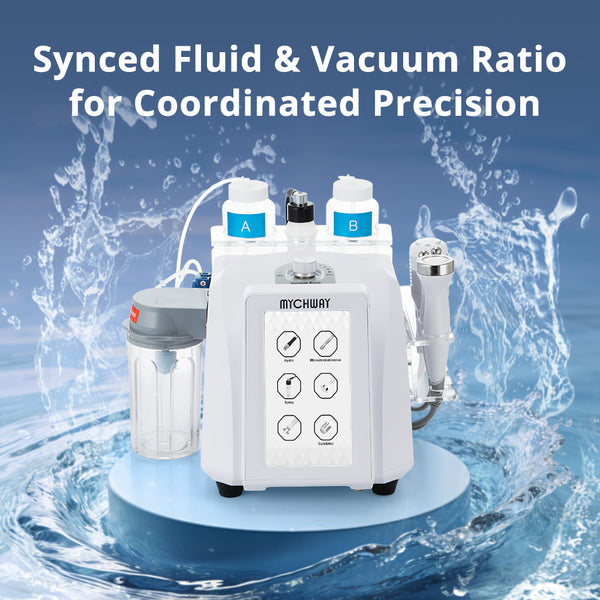 White medical device with control panel on a blue background with water effects
