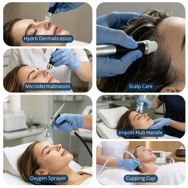 Collage of medical procedures including Hydro Dermabrasion, Microdermabrasion, Scalp Care, Oxygen Sprayer, and Cupping Cup.