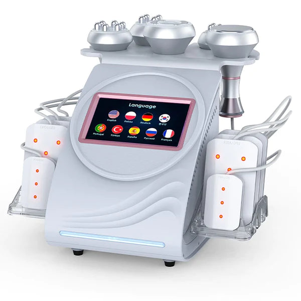 A professional ultrasonic cavitation RF vacuum machine designed for body sculpting and cellulite dissolving, with multiple handles and a digital display.