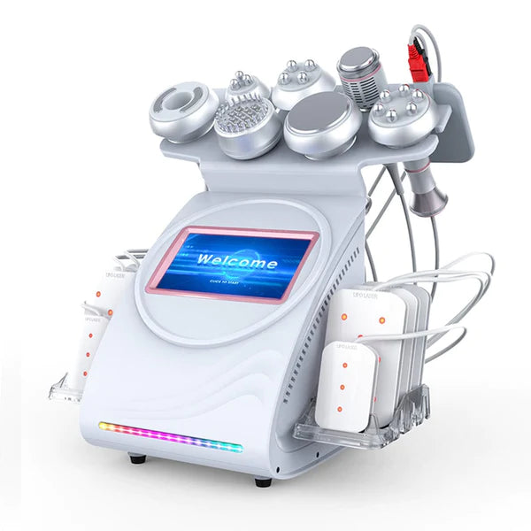 A professional multi-functional beauty instrument with multiple attachments, a touch screen interface, and a vacuum system, primarily in white color.