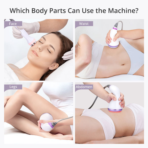 Collage showing the use of a machine on various body parts including face, waist, legs, and abdomen.