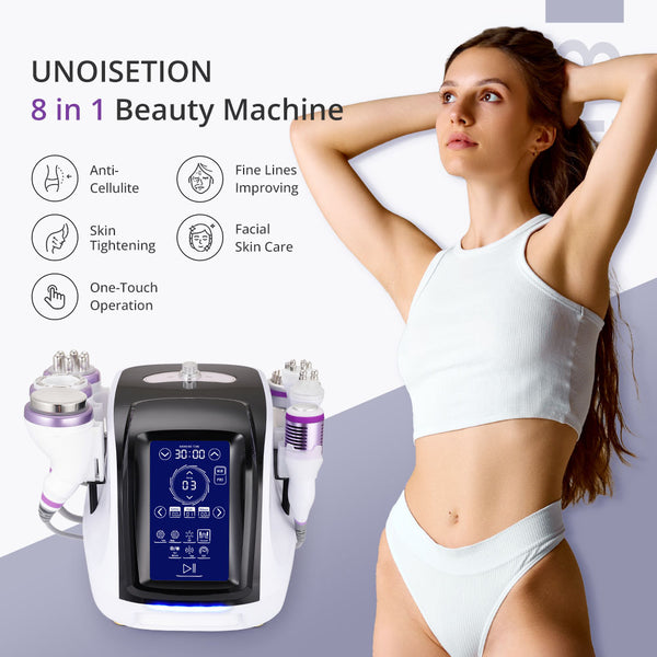 Beauty machine with a woman using it, highlighting features like anti-cellulite and skin tightening.