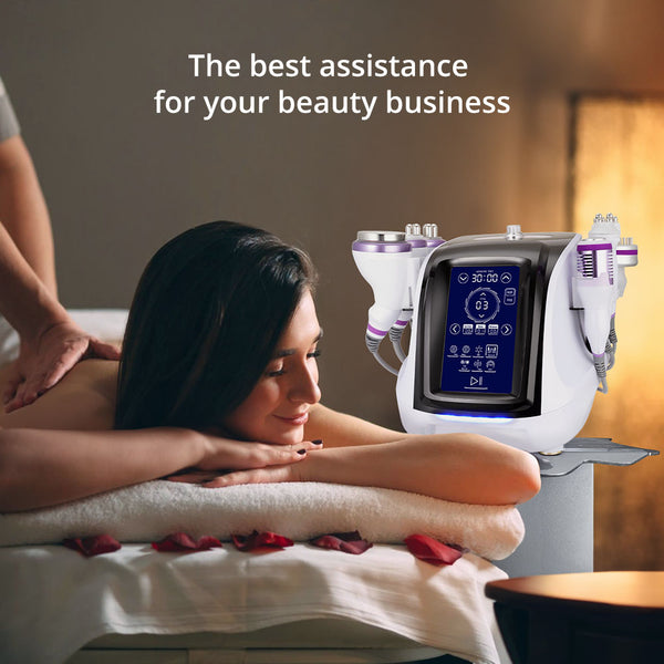 Woman receiving a beauty treatment with a machine labeled 'The best assistance for your beauty business'.