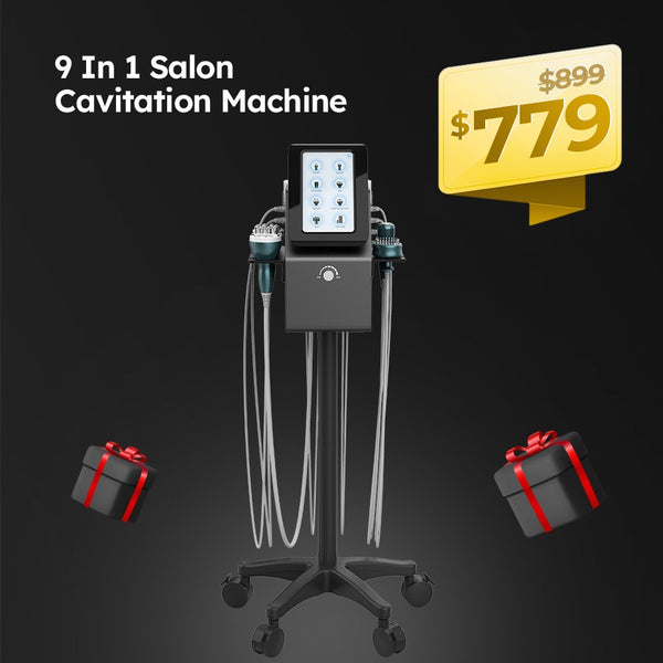 9 In 1 Salon Cavitation Machine with price tag and gift boxes on a black background