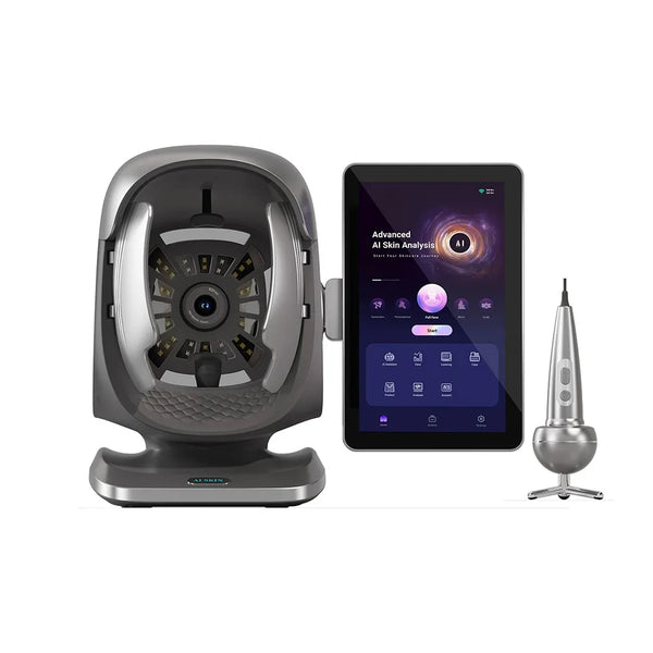 An AI Skin Analyzer featuring a large round facial scanner on the left, a tablet in the center displaying a skin analysis interface, and a slim handheld wand on the right.