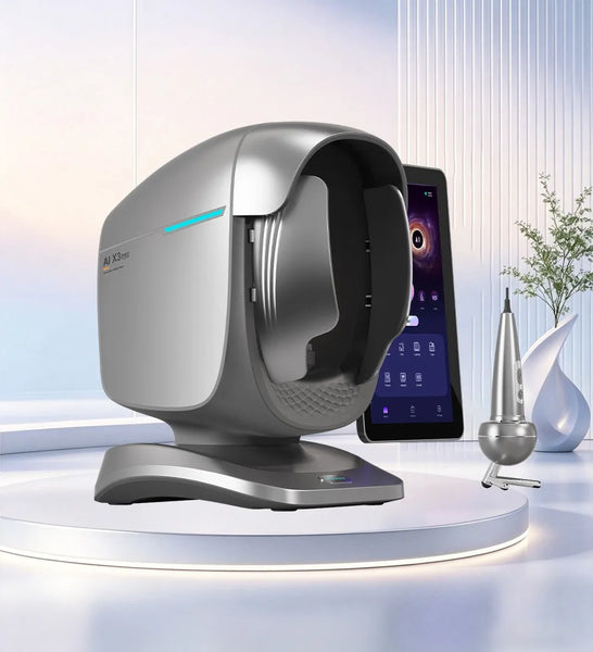 A modern silver and black AI Skin Analyzer on a white circular platform, shown alongside a smartphone displaying a patient profile and a small metallic accessory in a clean, futuristic room setting.