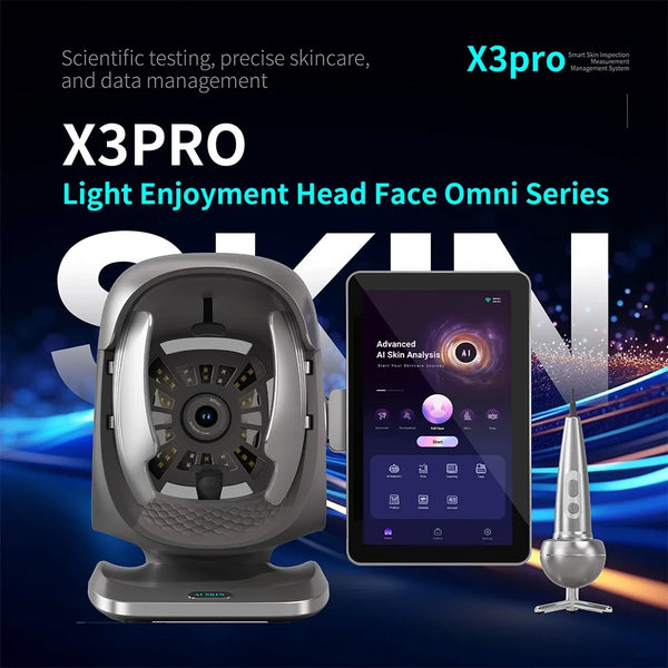 AI Skin Analyzer featuring a silver and black rotating head face device, a tablet showing an app interface, and a spray nozzle, set against a dark blue and black background with glowing light effects.