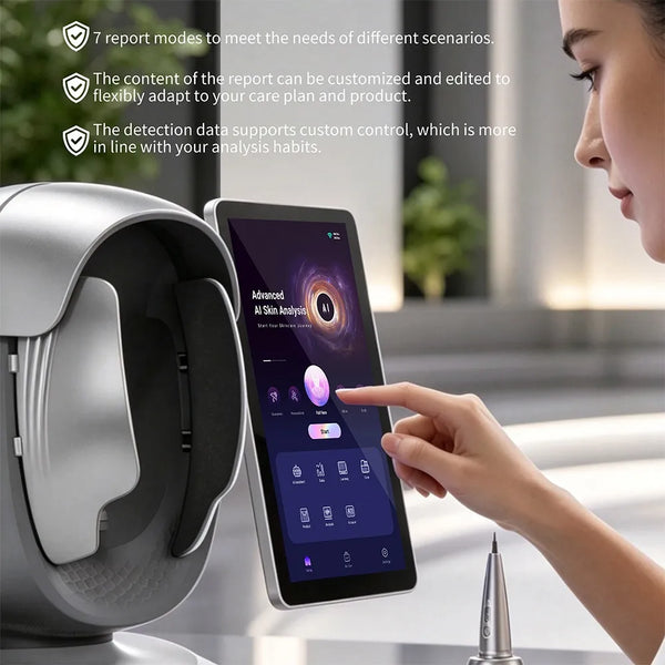 A close-up of a woman interacting with AI Skin Analyzer in a clean indoor setting. The tablet screen shows an AI analysis interface, and three feature callouts appear at the top left.