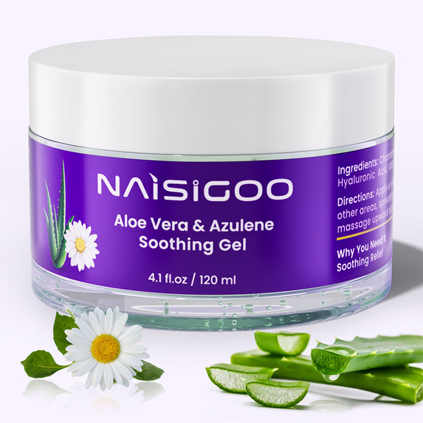 Jar of Naisigoo Aloe Vera & Azulene Soothing Gel with aloe vera leaves and a daisy on a white background