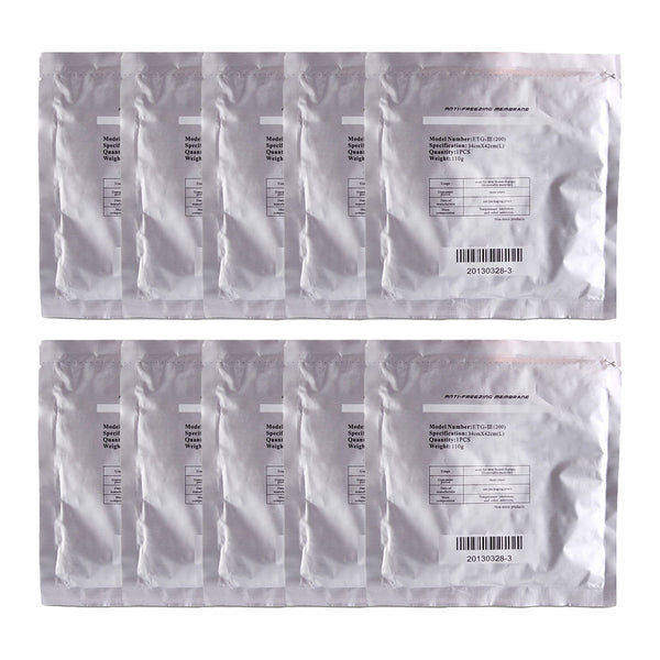 Multiple white medical packaging bags with labels on a white background