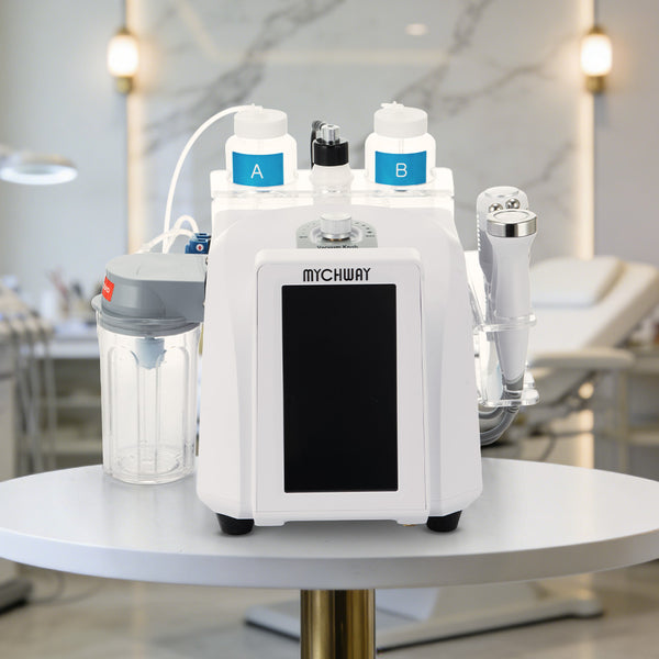 Beauty machine labeled 'MYCHWAY' on a table with blurred background
