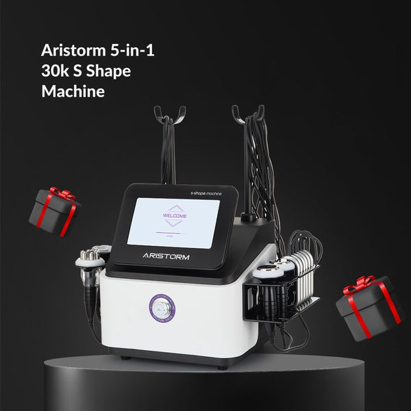 Aristorm 5-in-1 30k S Shape Machine on a black background with gift boxes.