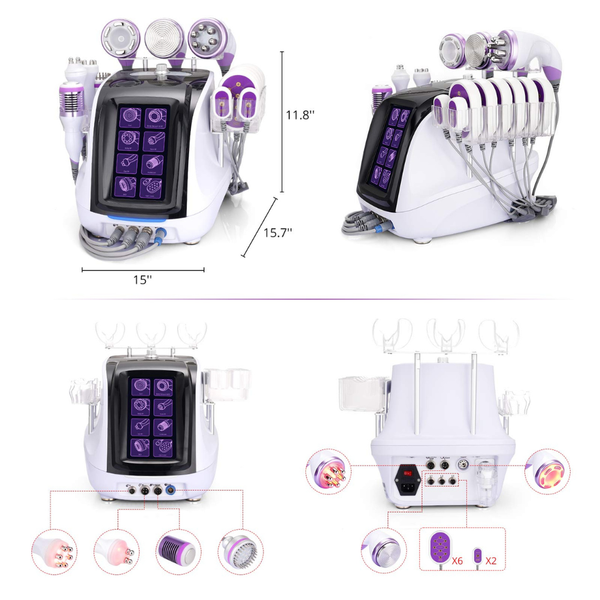 White and purple electronic device with digital display and multiple nozzles, shown from different angles with measurements.