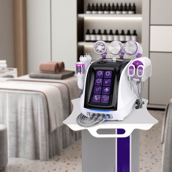 Beauty device on a stand in a spa setting with bottles in the background